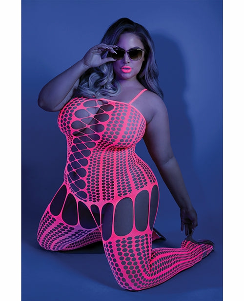 Neon Pink Criss Cross Paneled Bodystocking With Black Light Glow Effect Lingerie