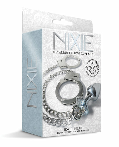 Nixie Metal Butt Plug & Fur Cuff Set – Silver Metallic Bondage - Bdsm