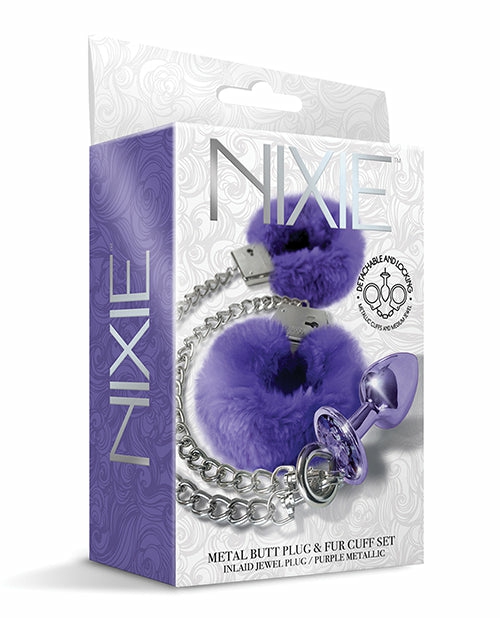 Nixie Metal Butt Plug Set With Jewel & Fur Bondage - Bdsm