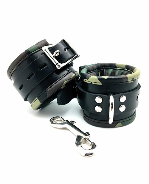 Sensual Sin Leather Padded Wrist Cuffs With Camo Piping Bondage - Bdsm