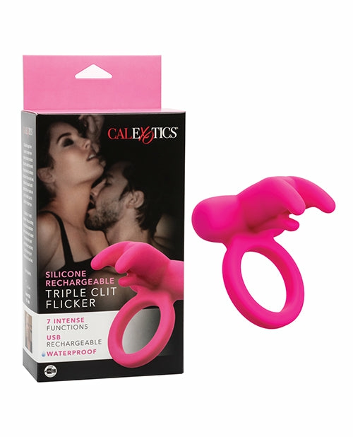 Silicone Rechargeable Triple Clit Flicker In Pink Bondage - Bdsm