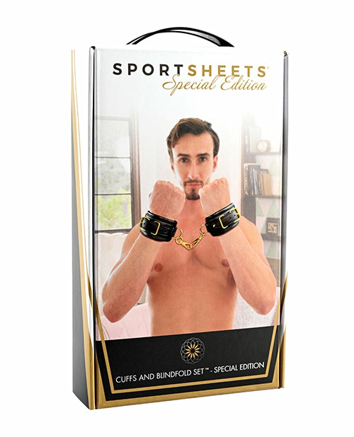 Sportsheets Premium Faux Leather Cuffs & Blindfold Set – Special Edition Bondage - Bdsm