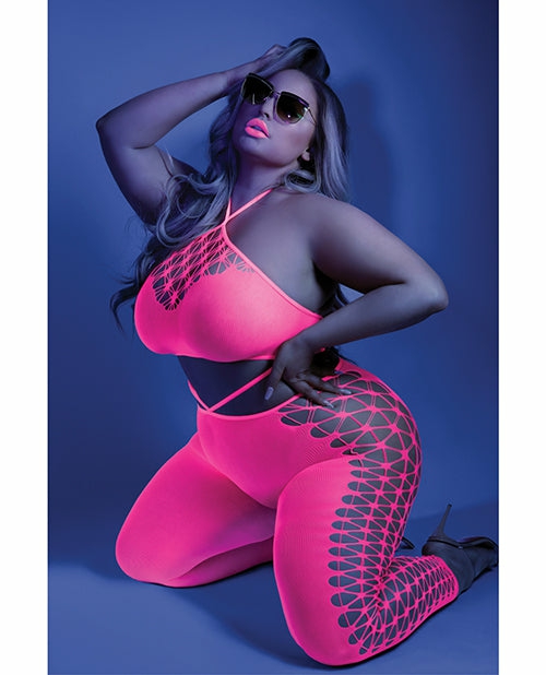 Neon Pink Glow Black Light Halter Bodystocking Lingerie